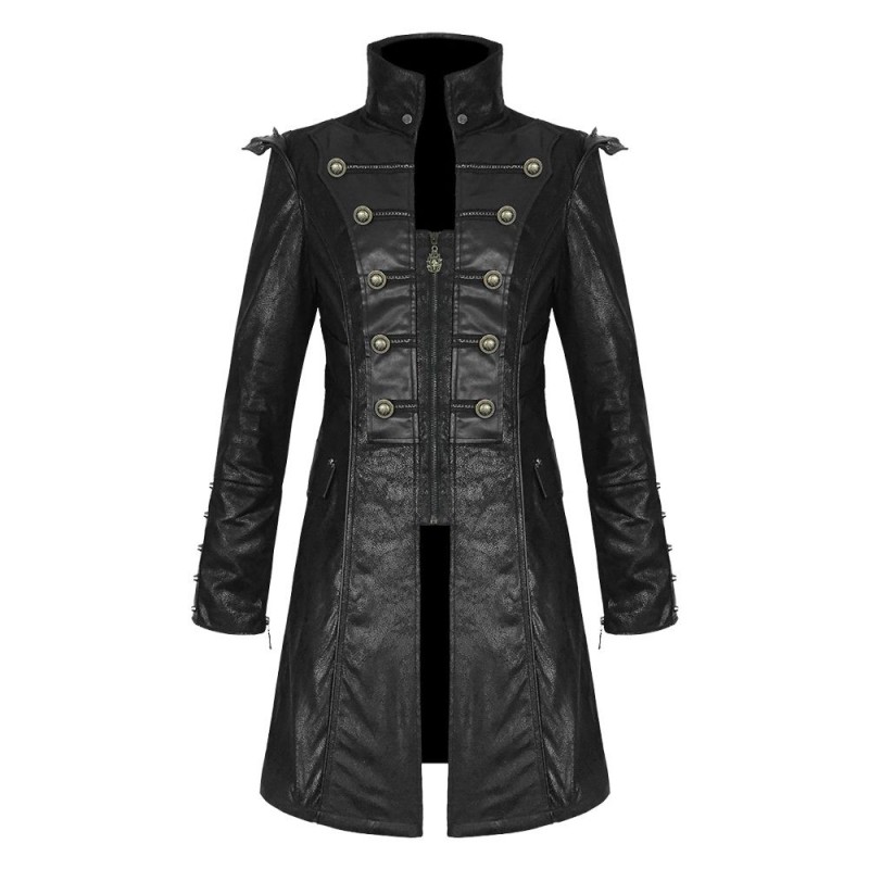 Men Steampunk Jacket Coat Black Goth Punk Faux Leather Military Jacket